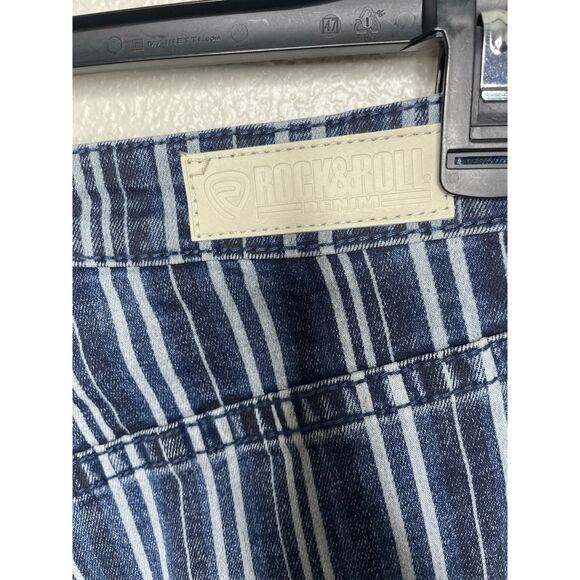 Rock & Roll Jeans 30 x 29 Blue Striped Denim Flared High Rise Red Embroidery - Picture 5 of 13